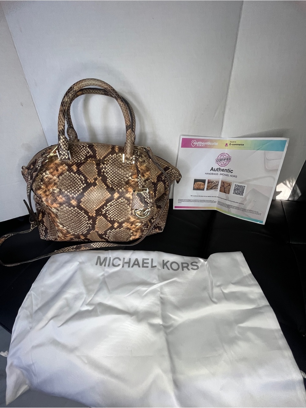 Michael Kors Embossed Leather Snakeskin Python Print Riley Satchel Hand Bag - Picture 13 of 14